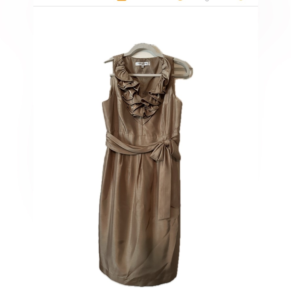 Elegant Evan-Picone gold sleeveless dress with ruffle neckline and zip side